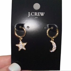 J. CREW Huggie Earrings Star Moon Pave Crystals Mismatched Dangle Celestial NWT